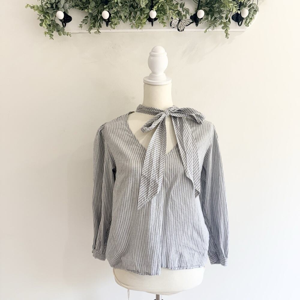 Ulla Johnson Julie Cotton Blouse Striped V Neck Long Sleeve Tie Detail Size 6